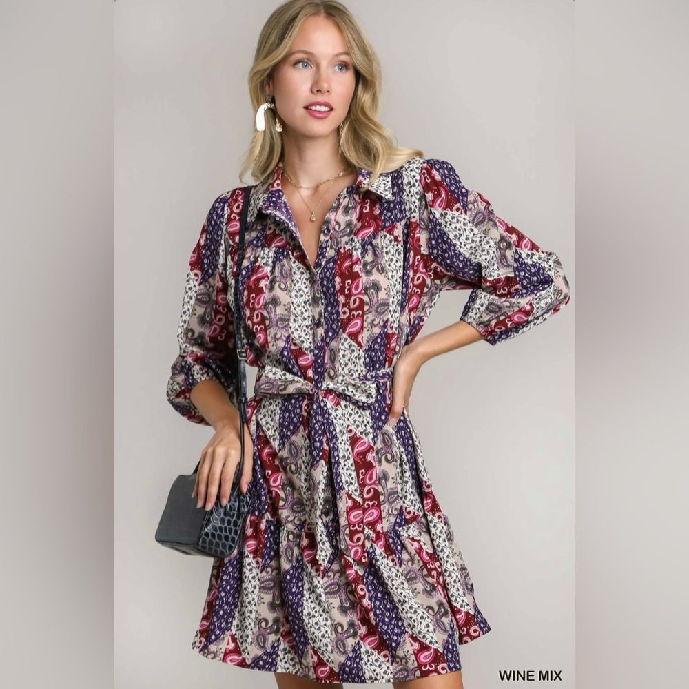 Mixed Print Collared Button Down Dress - Picture 2 of 4
